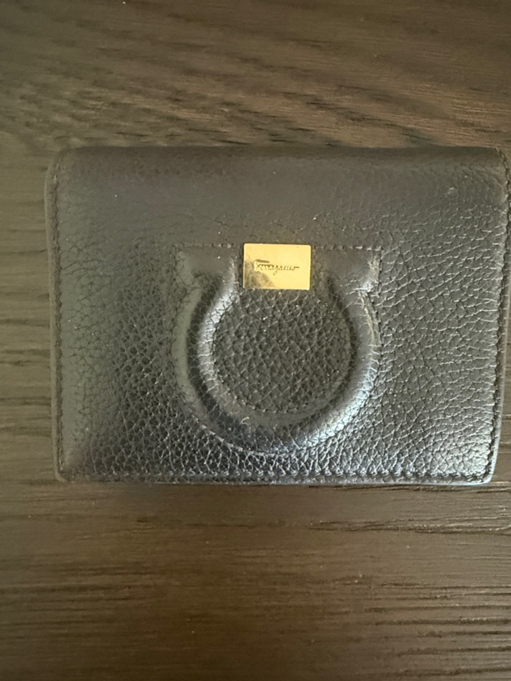 Salvatore Ferragamo Black Pebbled Leather Card Case with Gold Plaque